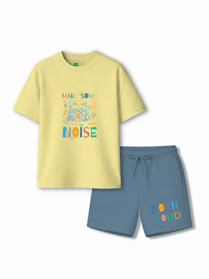 Noise Yellow & Dusty Blue Drop Shoulder Shorts Set Size 3-4 Years Bamboo Cotton ‚ Bambify India