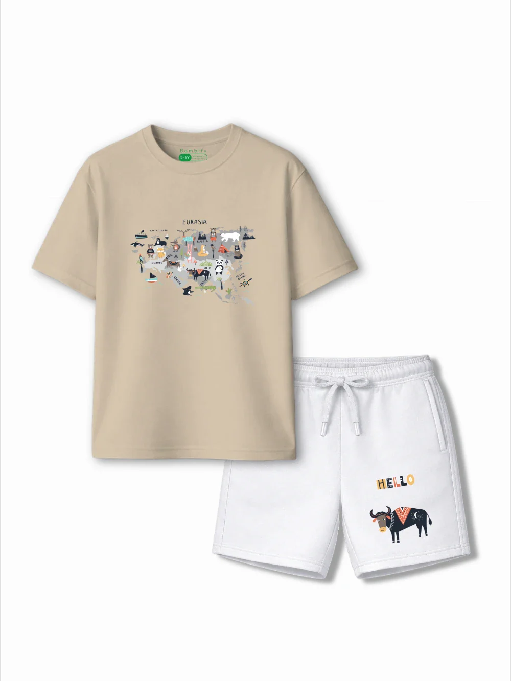 Eurasia Beige & White Drop Shoulder T-shirt & Shorts Set Size 3-4 Years Bamboo Cotton ‚ Bambify India