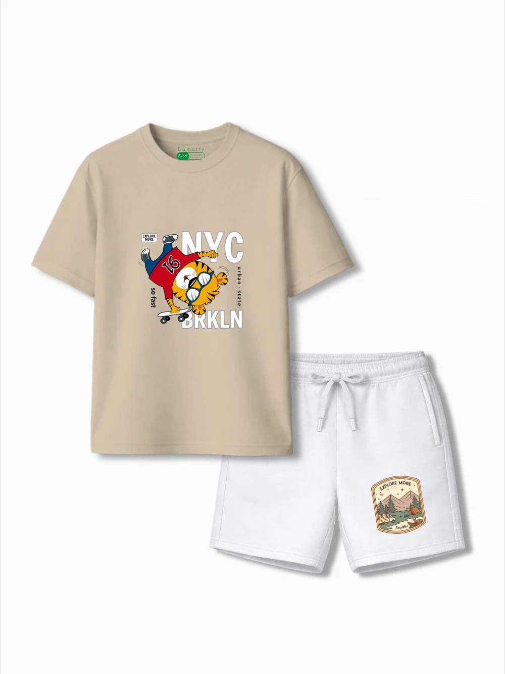 Urban Style Beige & White Low Shoulder T-shirt & Shorts Set Size 3-4 Years Bamboo Cotton – Bambify India