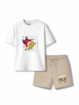 Urban Style White & Beige Low Shoulder T-shirt & Shorts Set Size 3-4 Years Bamboo Cotton ‚ Bambify India