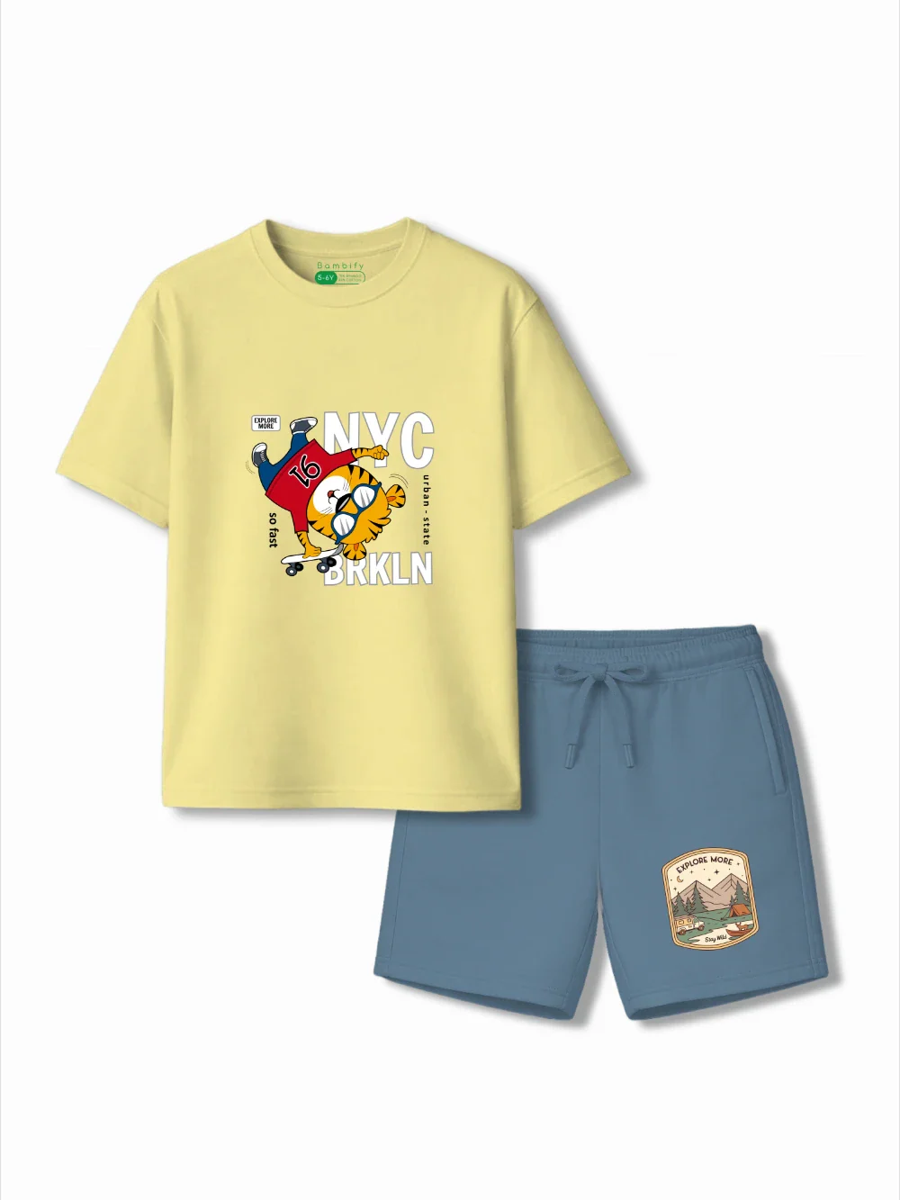 Urban Style Yellow & Dusty Blue Low Shoulder T-shirt & Shorts Set Size 3-4 Years Bamboo Cotton – Bambify India
