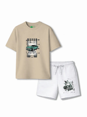 Super Fast Beige & White Oversized T-shirt & Shorts Set Size 3-4 Years Bamboo Cotton ‚ Bambify India