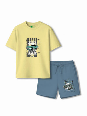 Super Fast Yellow & Dusty Blue Oversized T-shirt & Shorts Set Size 3-4 Years Bamboo Cotton ‚ Bambify India