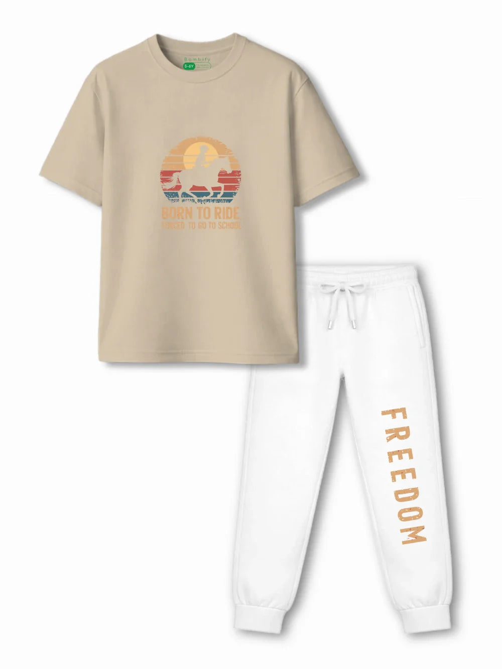 Born to Ride Beige & White Kids Tracks Set Size 3-4 Years Bamboo Cotton ‚ Bambify India