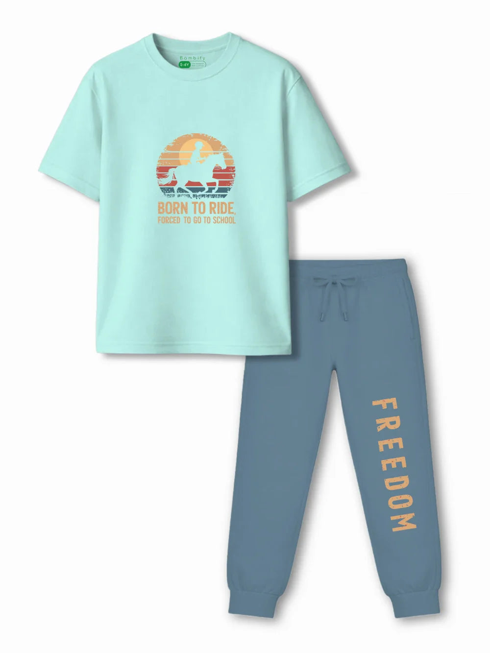 Born to Ride Light Blue & Dusty Blue Kids Tracks Set Size 3-4 Years Bamboo Cotton ‚ Bambify India