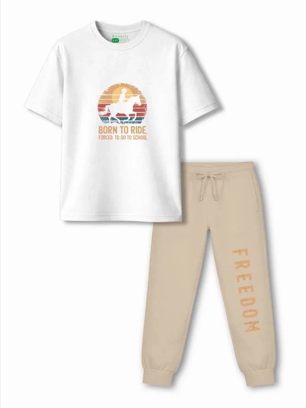 Born to Ride White & Beige Kids Tracks Set Size 3-4 Years Bamboo Cotton ‚ Bambify India