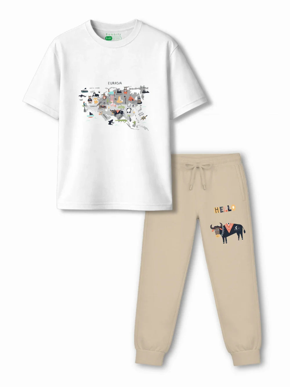 Eurasia White & Beige Kids Tracks Set Size 3-4 Years Bamboo Cotton ‚ Bambify India