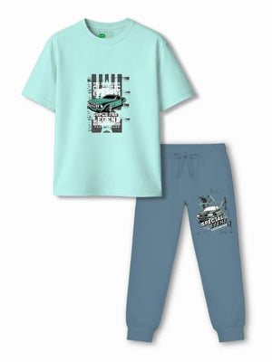 Super Fast Light Blue & Dusty Blue Kids Tracks Set Size 3-4 Years Bamboo Cotton ‚ Bambify India