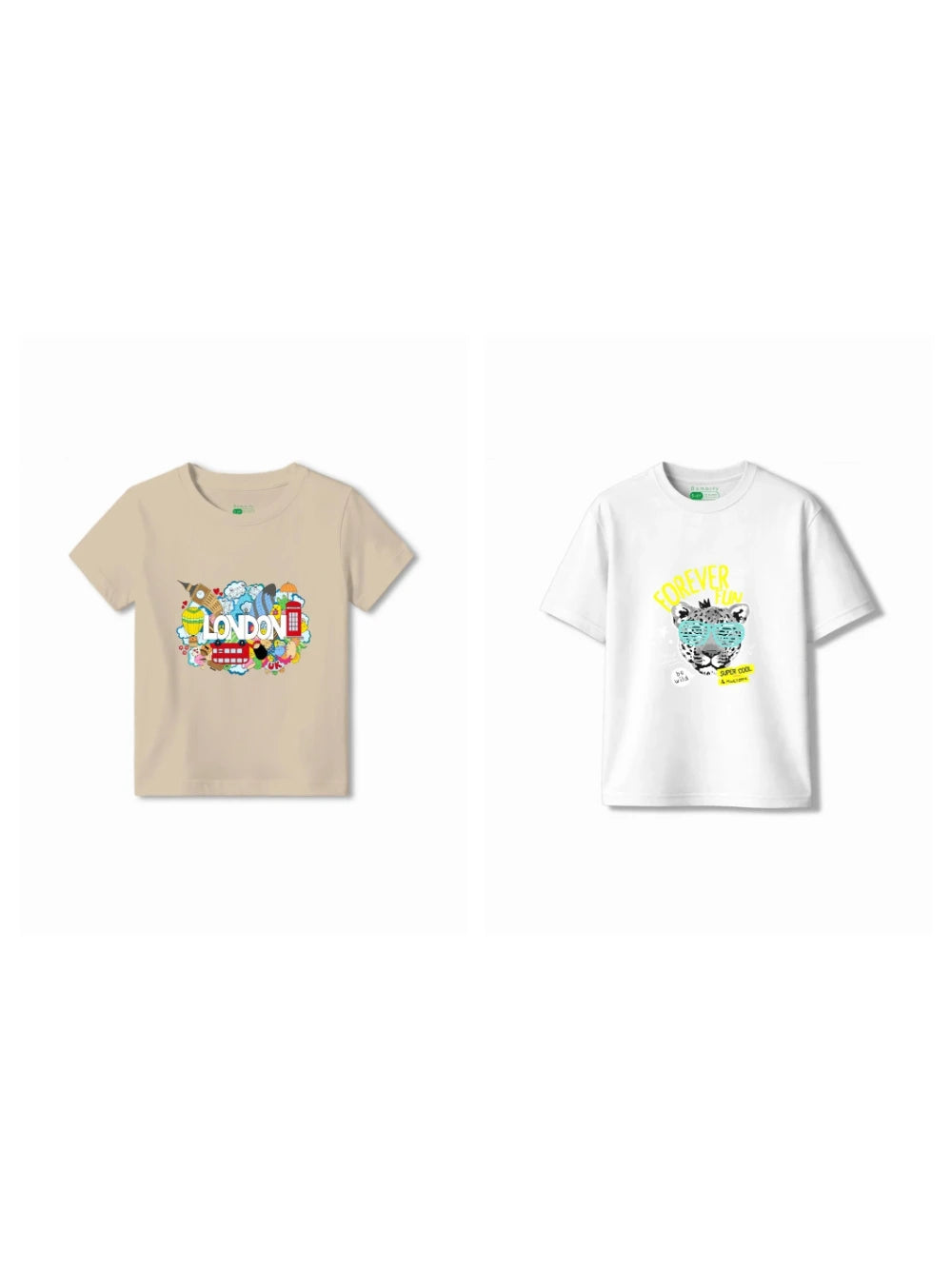 Bambify Kids T-Shirt Set Cheetah Fun & London White & Beige 7-8 Years bamboo cotton kids clothing India