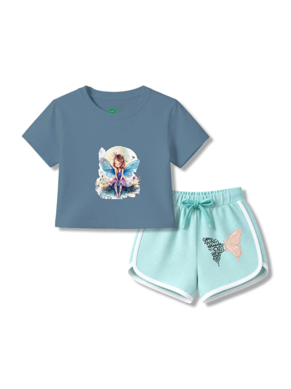 Bambify Eco Friendly Girls Crop Top & Shorts Set ‚ Angel Dusty Blue & Light Blue Bamboo Cotton Bambify India Dusty Blue 3-4 Years bamboo cotton kids clothing India