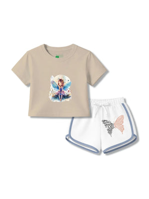 Bambify Girls Matching Crop Top & Shorts Set ‚ Angel Beige & White Bamboo Cotton Bambify India Beige 3-4 Years bamboo cotton kids clothing India