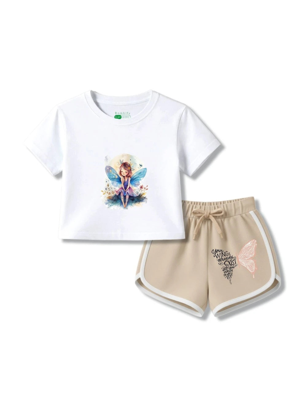 Bambify Girls Travel Holiday Crop Top & Shorts Set ‚ Angel White & Beige Bamboo Cotton Bambify India White 3-4 Years bamboo cotton kids clothing India