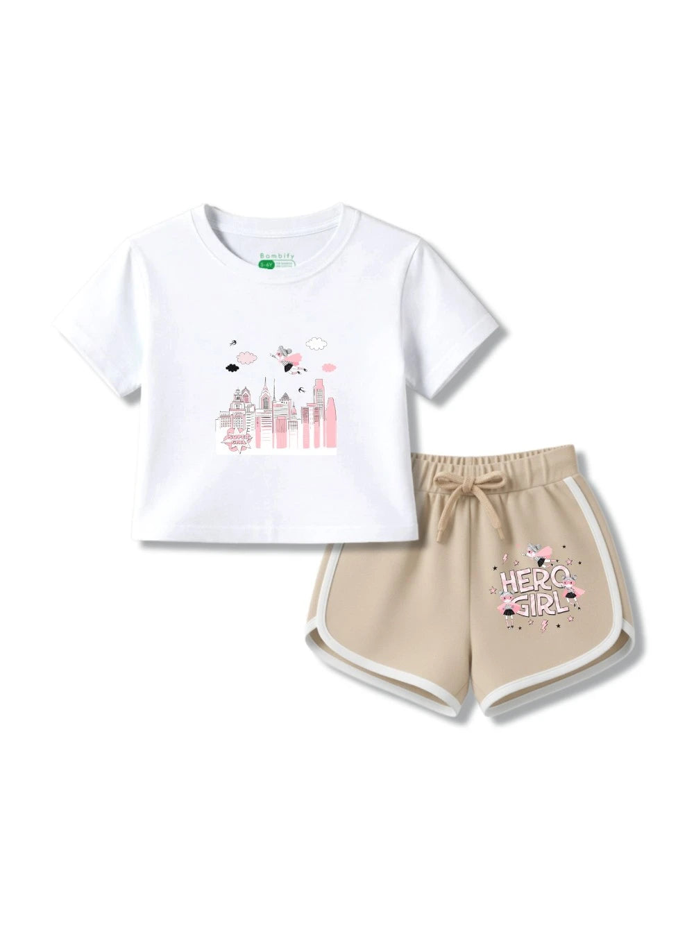 Active Sporty Girls Crop Set – Super Girl White & Beige Bamboo Cotton | Bambify India