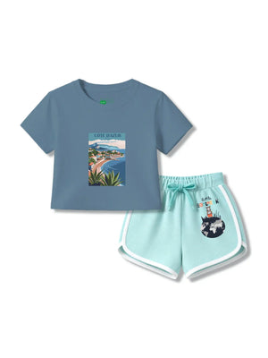 France Dusty Blue & Light Blue Girls Crop Top Set Size 3-4 Years Bamboo Cotton ‚ Bambify India