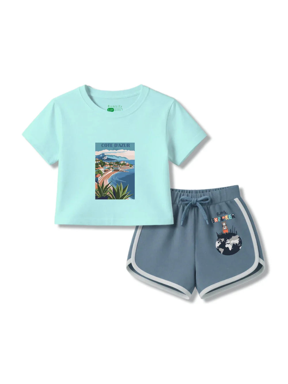 France Light Blue & Dusty Blue Girls Crop Top Set Size 3-4 Years Bamboo Cotton ‚ Bambify India
