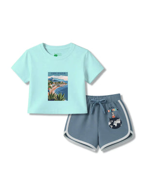 France Light Blue & Dusty Blue Girls Crop Top Set Size 3-4 Years Bamboo Cotton ‚ Bambify India