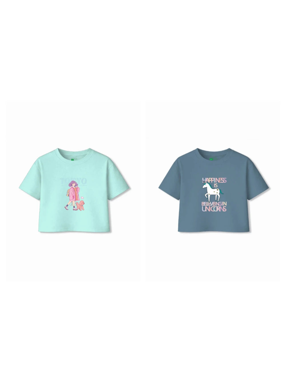Bambify Kids T-Shirt Set Unicorn & Tokyo Dusty Blue & Light Blue 7-8 Years bamboo cotton kids clothing India