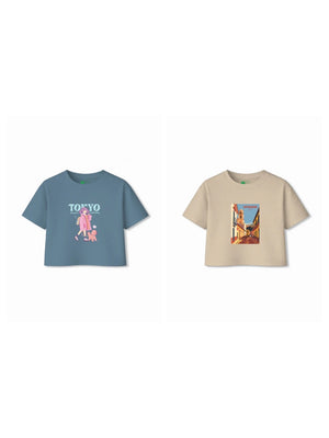 Bambify Kids T-Shirt Set Tokyo & Spanish Dusty Blue & Beige 5-6 Years bamboo cotton kids clothing India