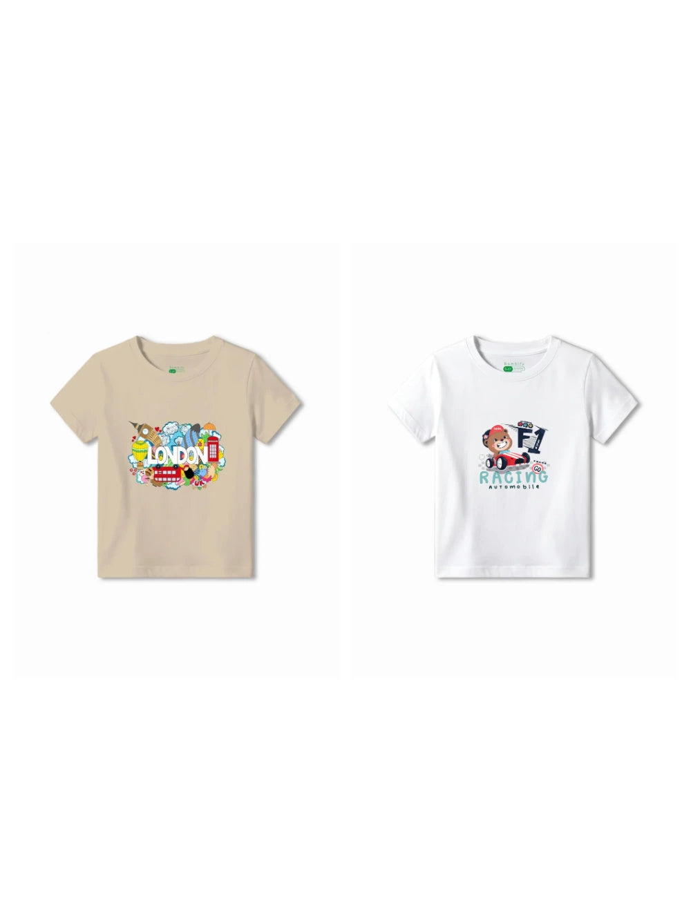 Bambify Kids T-Shirt Set London & F1 Racing Beige & White 5-6 Years bamboo cotton kids clothing India