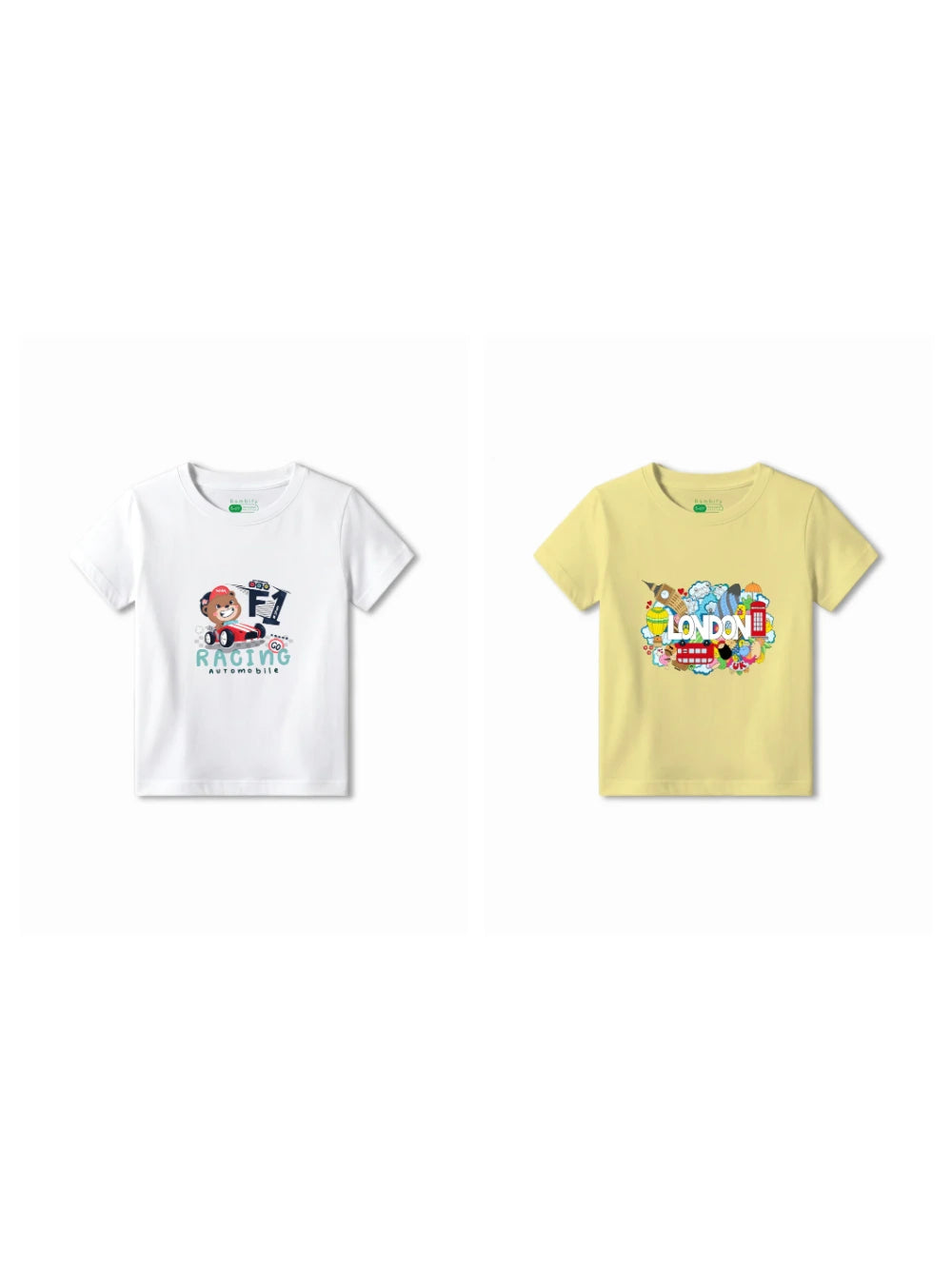 Bambify Kids T-Shirt Set F1 Racing & London White & Yellow 5-6 Years bamboo cotton kids clothing India