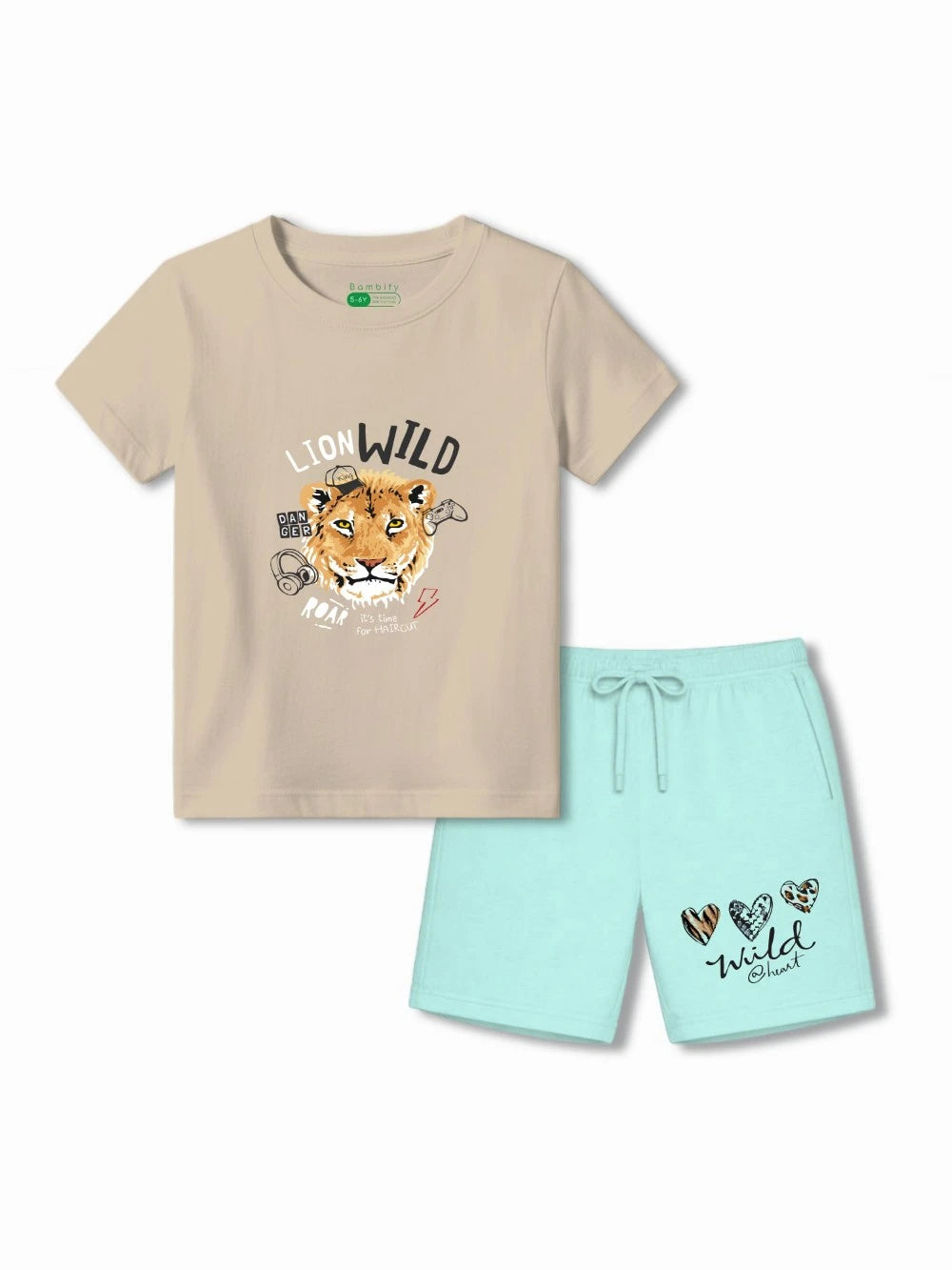 Bambify AZO Free Safe Kids Shorts Set ‚ The Lion Beige & Light Blue Bamboo Cotton Bambify India Beige 3-4 Years bamboo cotton kids clothing India