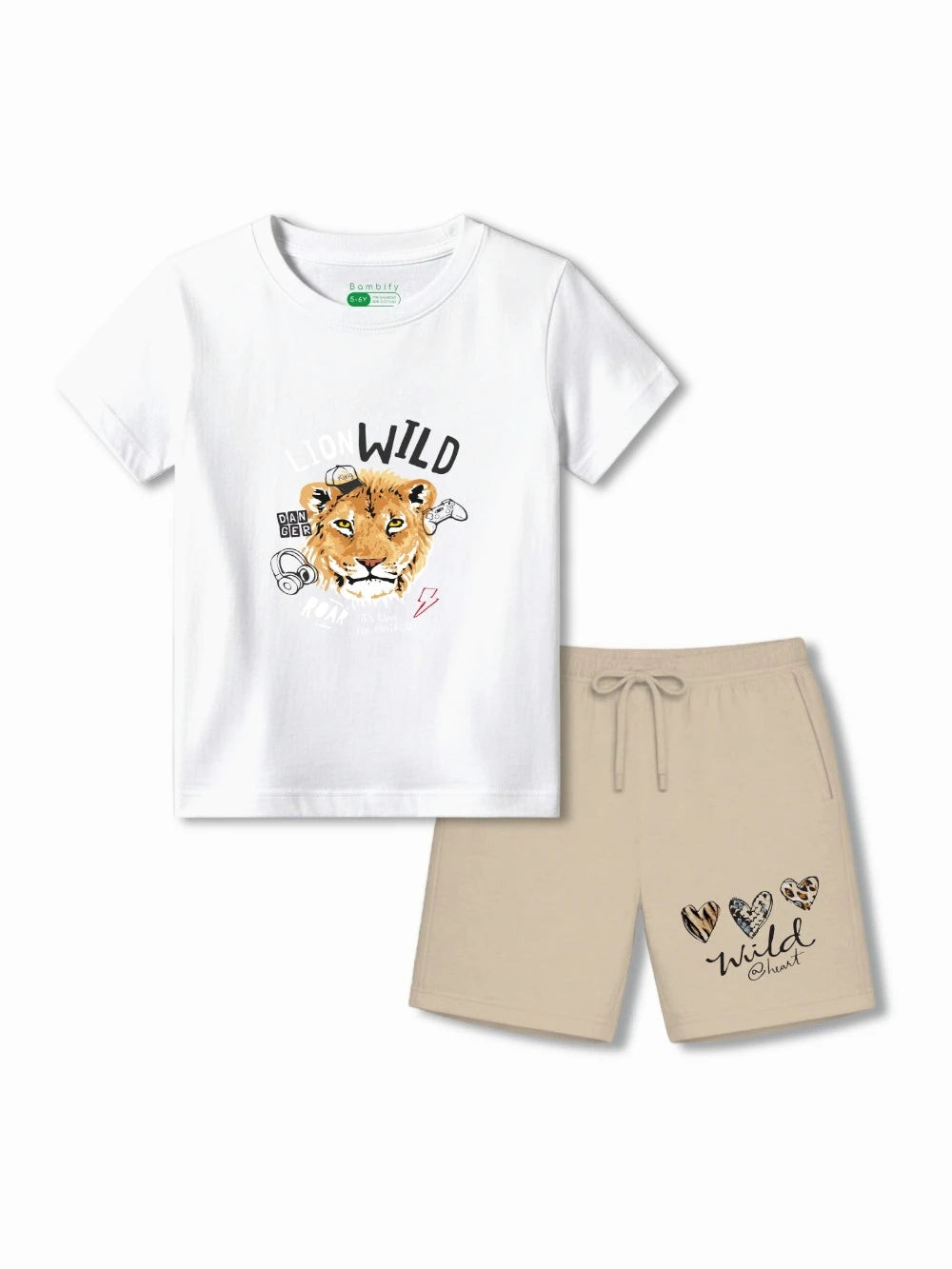 Bambify Antibacterial Odour Free Kids Shorts Set ‚ The Lion White & Beige Bamboo Bambify India White 3-4 Years bamboo cotton kids clothing India