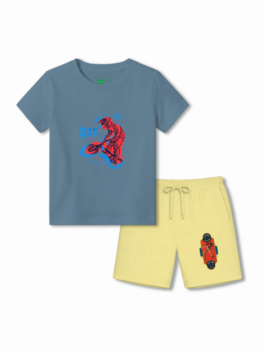 BMX Racing Dusty Blue & Yellow Kids Tshirt & Shorts Set Size 3-4 Bamboo Cotton ‚ Bambify India
