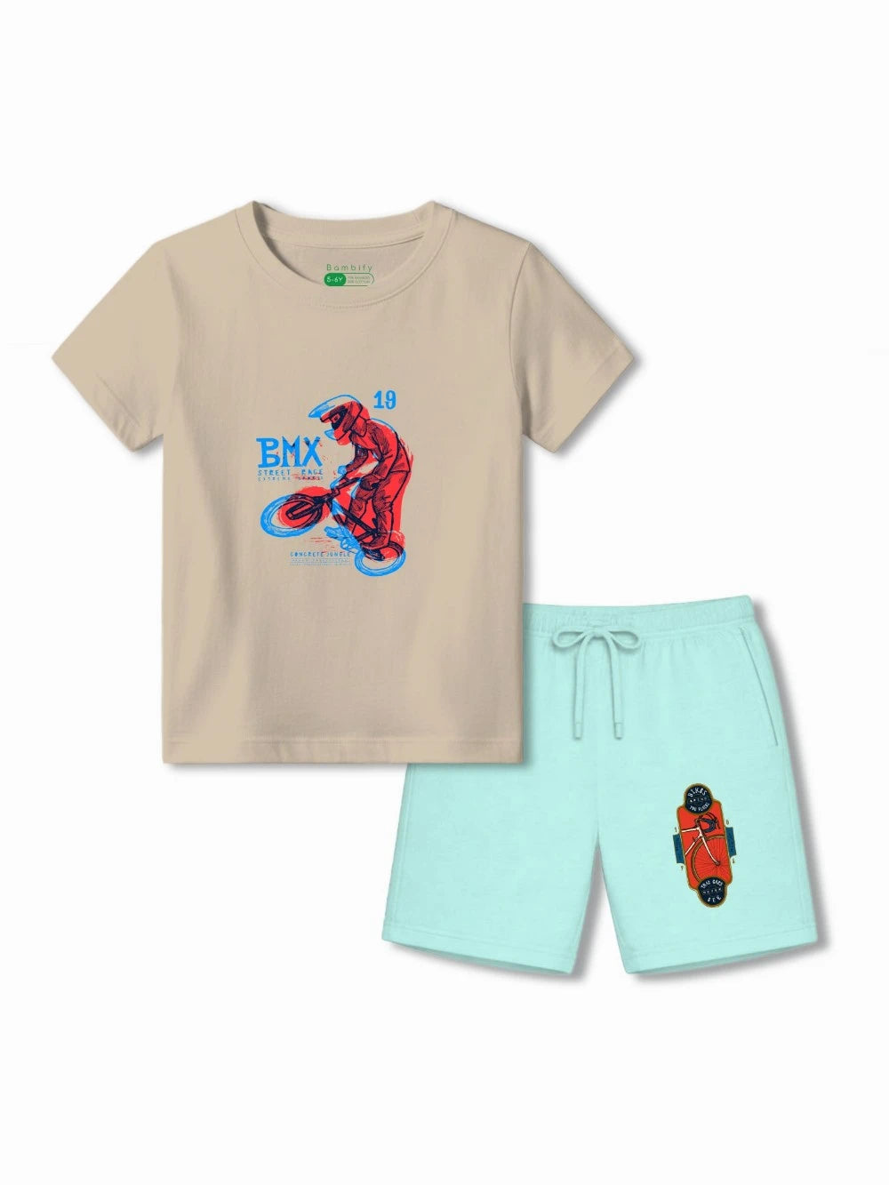 Bambify Kids Comfort Active Fit Tshirt & Shorts Set ‚ BMX Racing Beige & Light Blue Bamboo Cotton Bambify India Beige 3-4 Years bamboo cotton kids clothing India