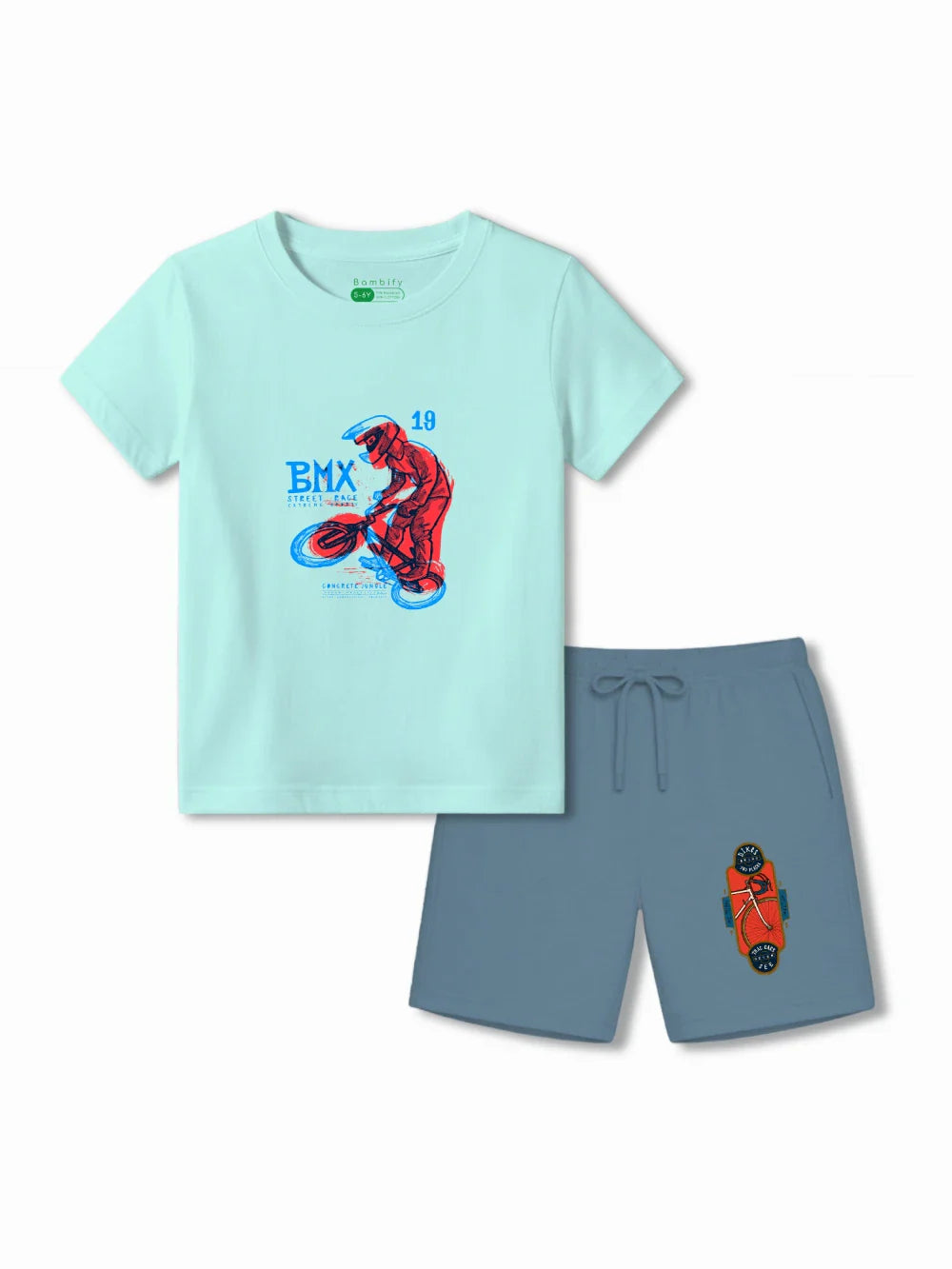 BMX Racing Light Blue & Dusty Blue Kids Tshirt & Shorts Set Size 3-4 Bamboo Cotton ‚ Bambify India