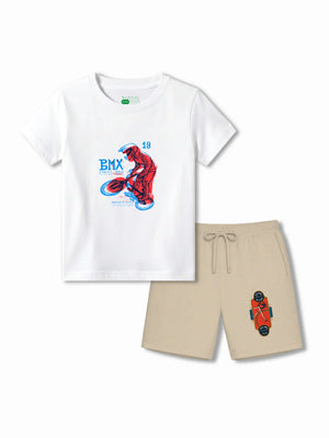 BMX Racing White & Beige Kids Tshirt & Shorts Set Size 3-4 Bamboo Cotton ‚ Bambify India
