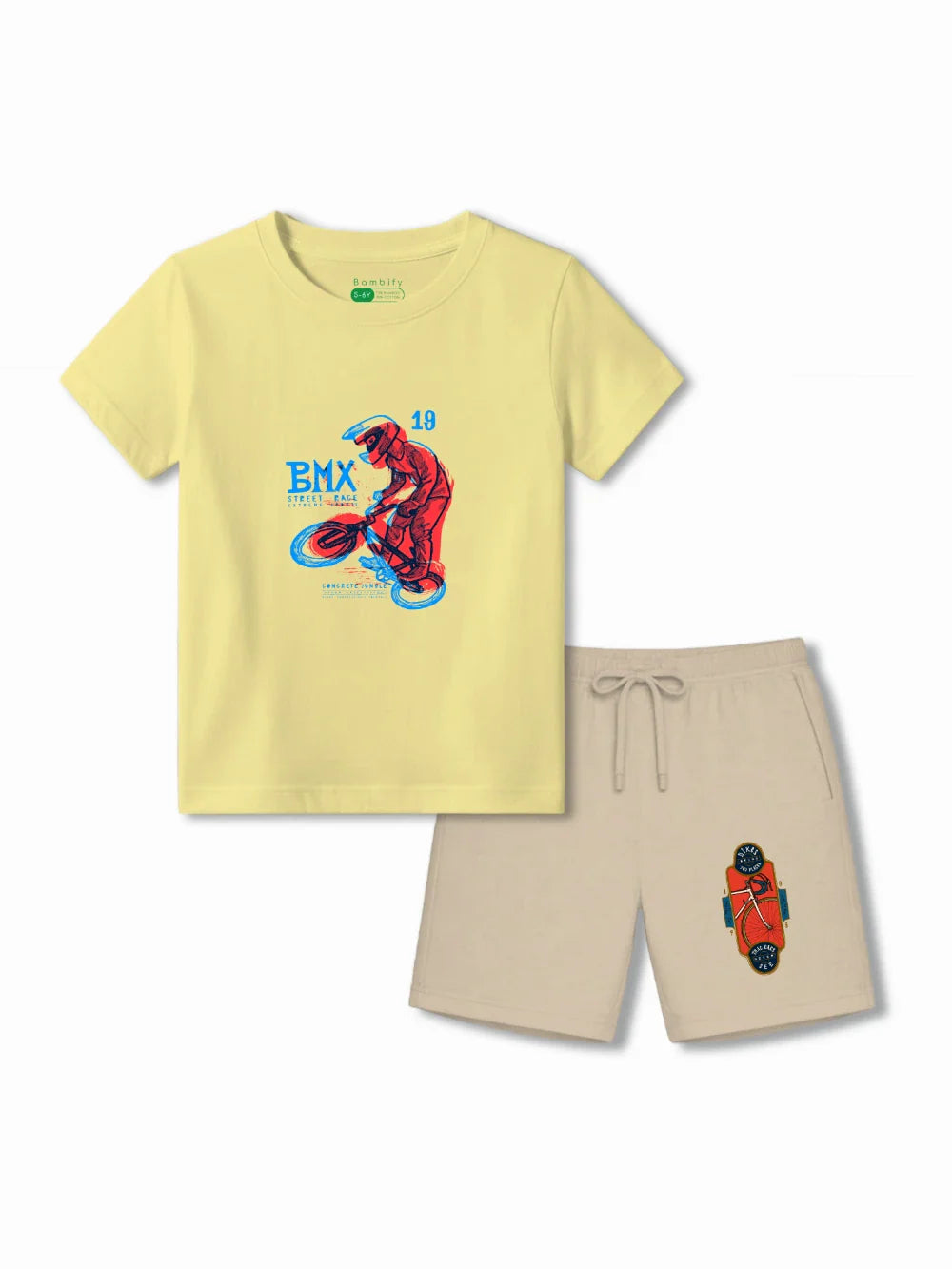 BMX Racing Yellow & Beige Kids Tshirt & Shorts Set Size 3-4 Bamboo Cotton ‚ Bambify India