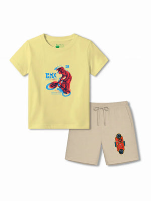 BMX Racing Yellow & Beige Kids Tshirt & Shorts Set Size 3-4 Bamboo Cotton ‚ Bambify India