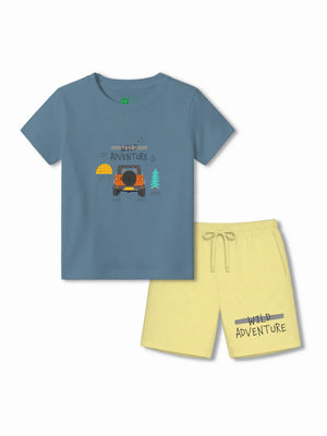 Wild Adventure Dusty Blue & Yellow Kids Tshirt & Shorts Set Size 3-4 Bamboo Cotton ‚ Bambify India