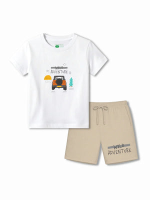 Wild Adventure White & Beige Kids Tshirt & Shorts Set Size 3-4 Bamboo Cotton ‚ Bambify India