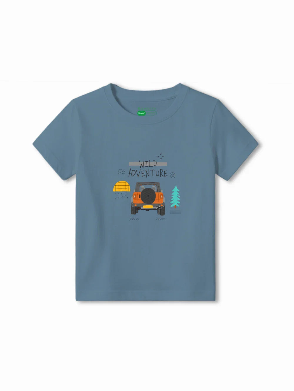 Wild Adventure Dusty Blue & Yellow Kids Tshirt & Shorts Set Size 5-6 Bamboo Cotton ‚ Bambify India