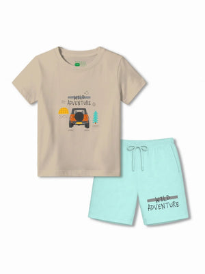 Bambify Antibacterial Odour Free Kids Tshirt & Shorts Set ‚ Wild Adventure Beige & Light Blue Bamboo Bambify India Beige 3-4 Years bamboo cotton kids clothing India