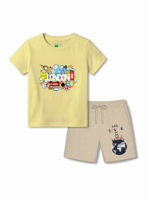 London Yellow & Beige Kids Tshirt Set Size 5-6 Bamboo Cotton ‚ Bambify India