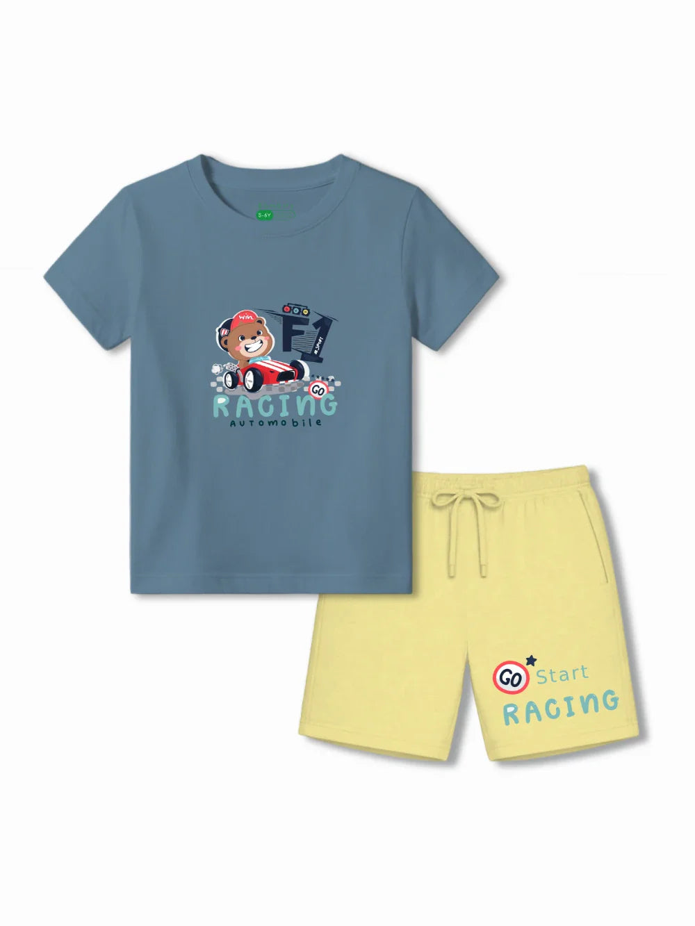 F1 Racing Dusty Blue & Yellow Kids Tshirt Set Size 3-4 Bamboo Cotton ‚ Bambify India