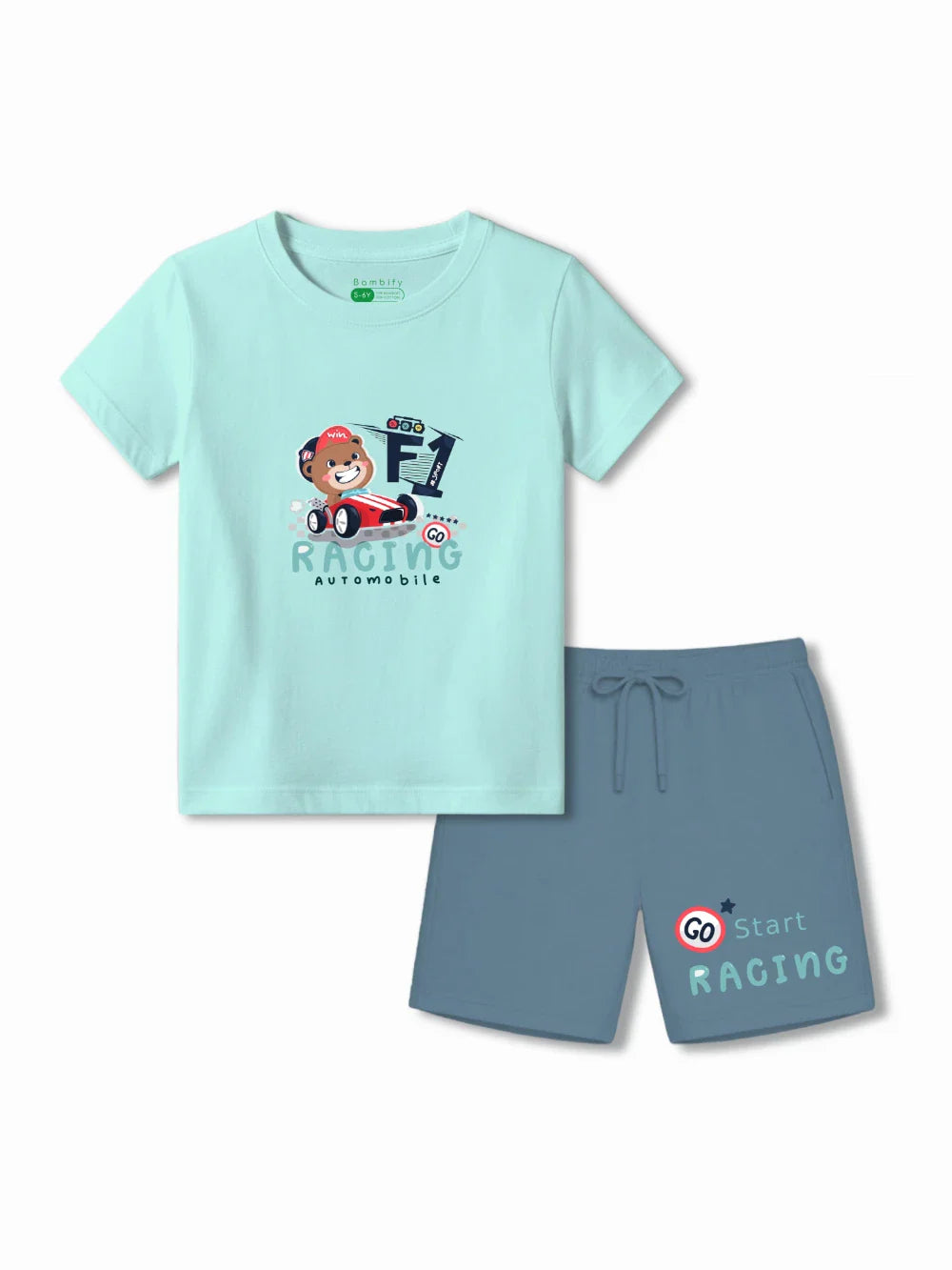 F1 Racing Light Blue & Dusty Blue Kids Tshirt Set Size 3-4 Bamboo Cotton ‚ Bambify India
