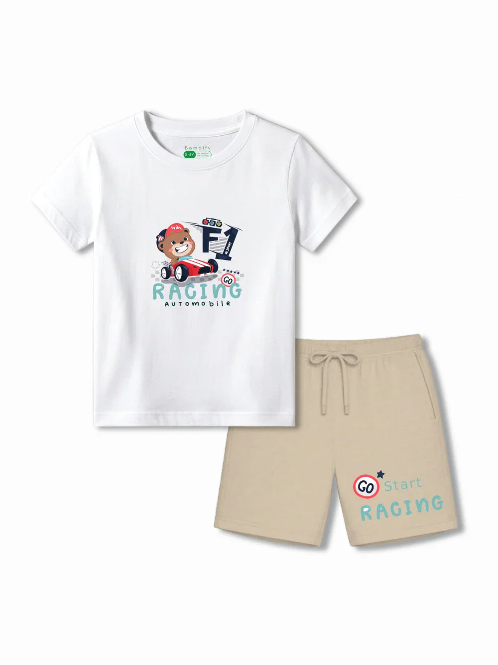 F1 Racing White & Beige Kids Tshirt Set Size 3-4 Bamboo Cotton ‚ Bambify India
