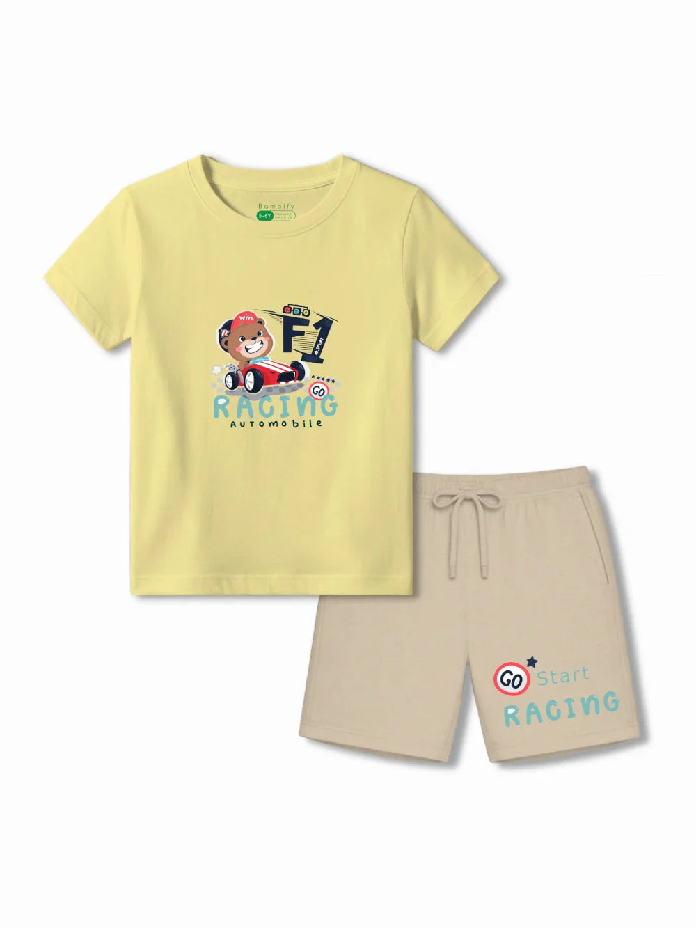 F1 Racing Yellow & Beige Kids Tshirt Set Size 3-4 Bamboo Cotton ‚ Bambify India
