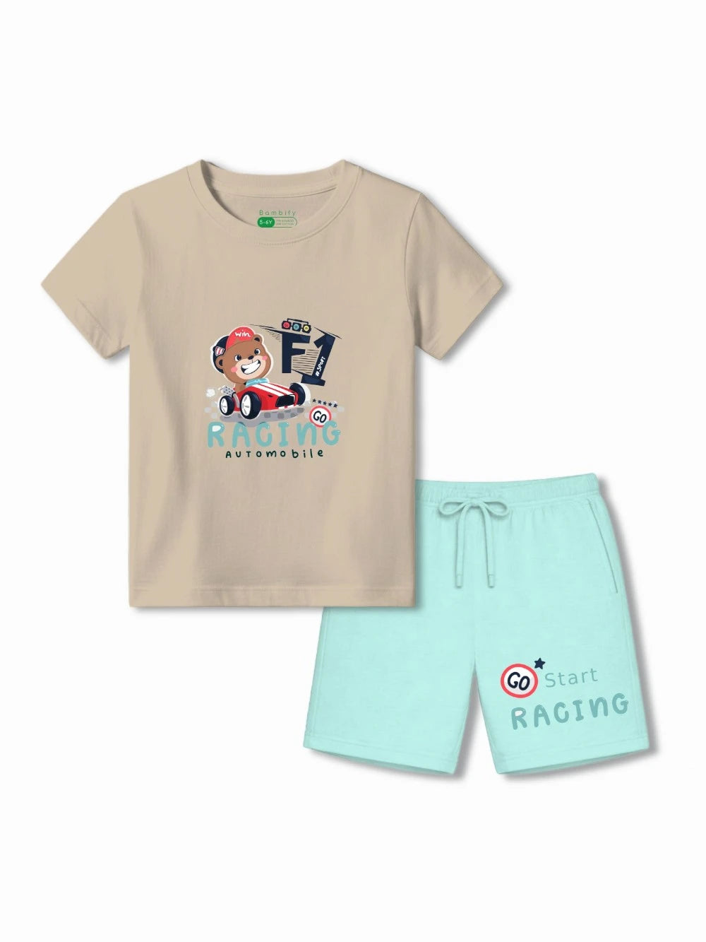 Bambify Eco Friendly Sustainable Kids Tshirt Set ‚ F1 Racing Beige & Light Blue Bamboo Bambify India Beige 5-6 Years bamboo cotton kids clothing India