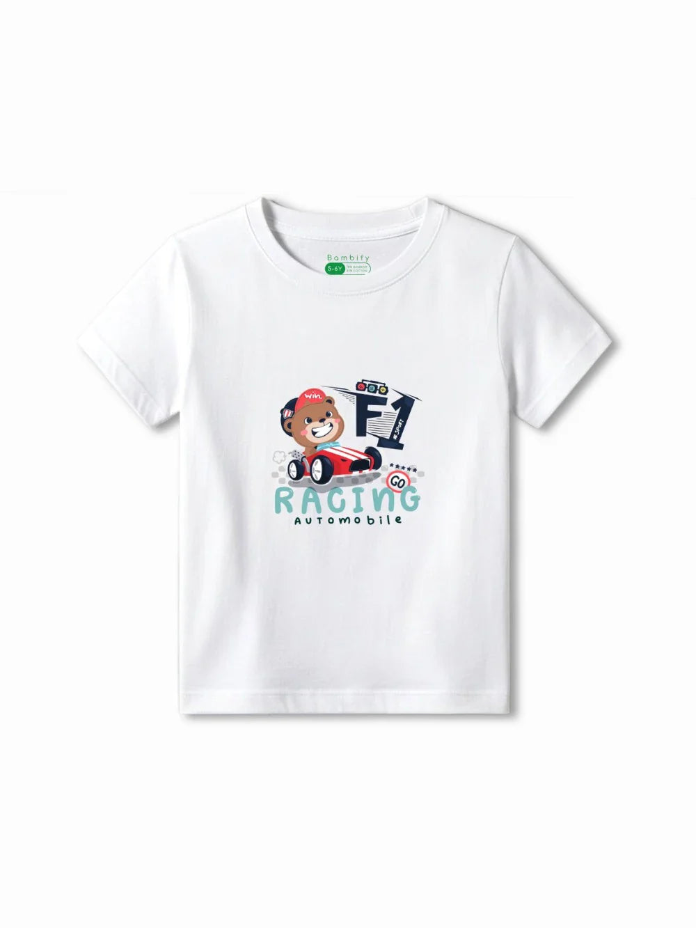 F1 Racing White & Beige Kids Tshirt Set Size 5-6 Bamboo Cotton ‚ Bambify India