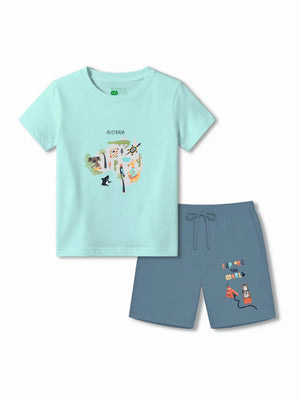 Australia Light Blue & Dusty Blue Kids Shorts Set Size 3-4 Bamboo Cotton ‚ Bambify India