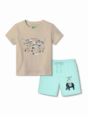Bambify Kids Comfort Active Fit Shorts Set ‚ Animal World Beige & Light Blue Bamboo Cotton Bambify India Beige 3-4 Years bamboo cotton kids clothing India