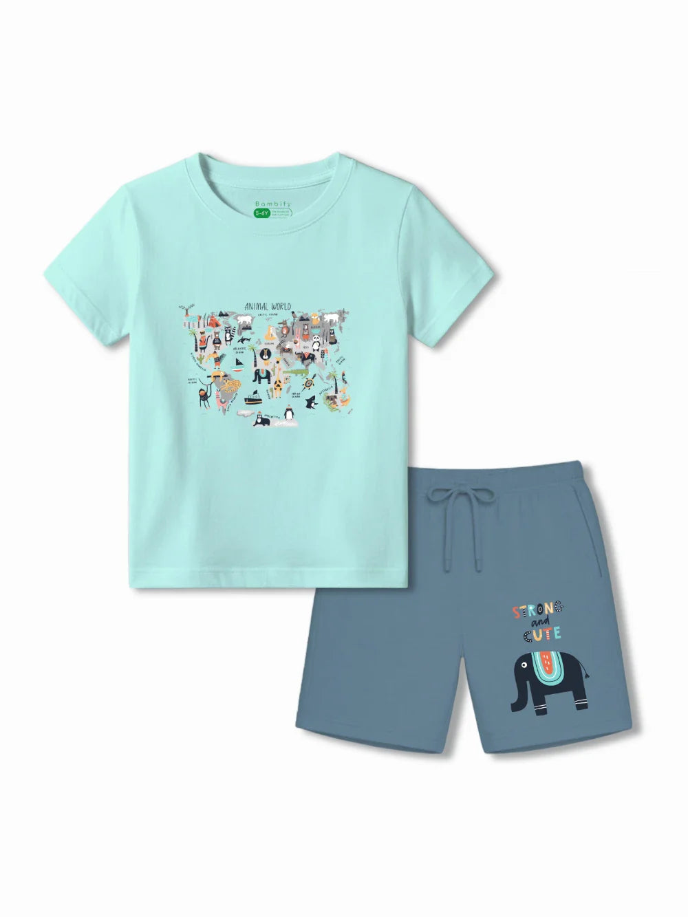 Animal World Light Blue & Dusty Blue Kids Shorts Set Size 3-4 Bamboo Cotton ‚ Bambify India