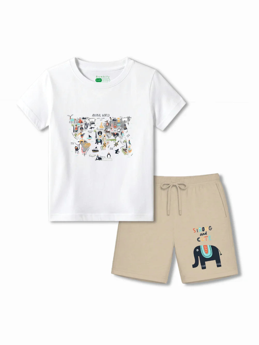 Animal World White & Beige Kids Shorts Set Size 3-4 Bamboo Cotton ‚ Bambify India