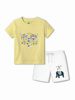 Animal World Yellow & White Kids Shorts Set Size 3-4 Bamboo Cotton ‚ Bambify India