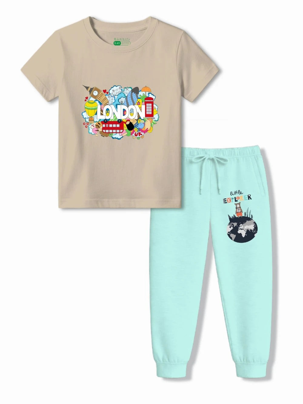 Bambify Premium Soft Bamboo Cotton Blend Kids Joggers Set ‚ London Beige & Light Blue Bambify India Beige 3-4 Years bamboo cotton kids clothing India