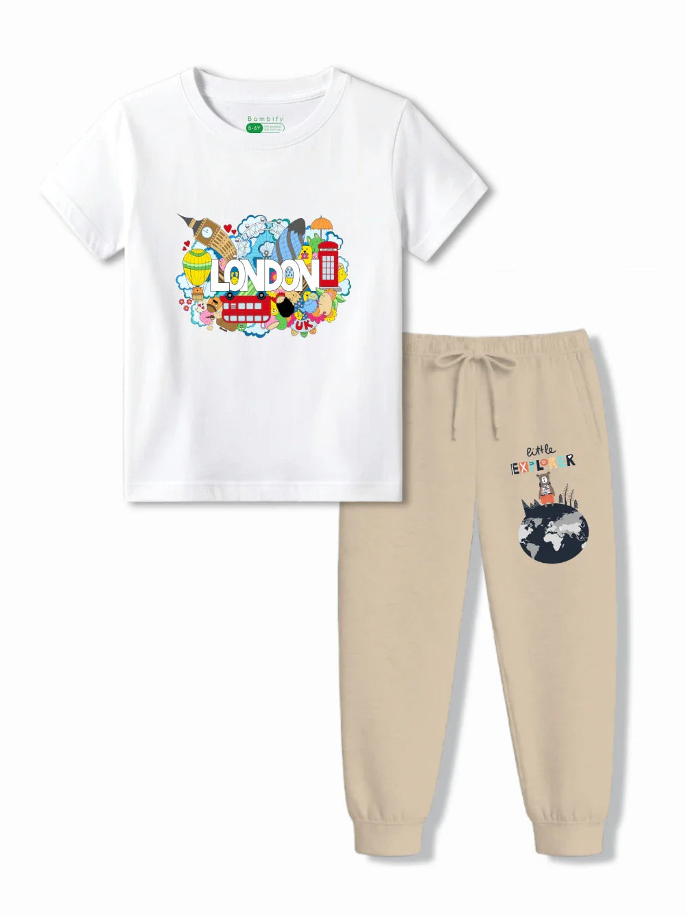 London White & Beige Kids Joggers Set Size 3-4 Years ‚ Bambify India
